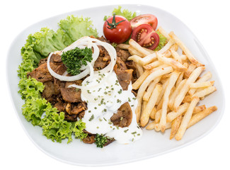 Plate with Chips and fresh Kebab on white