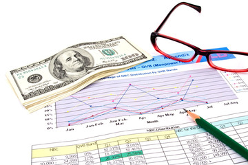 glasses,pencil and dollars on financial Graphs