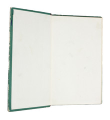 Blank opened book with green hard cover isolated on white.