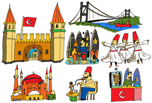 7 authentic caricatures of turkish scenes
