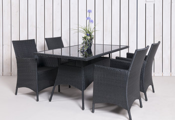 Rattan Gartenmöbel 4 Stühle 1 Tisch in anthrazit mit Topfpflan