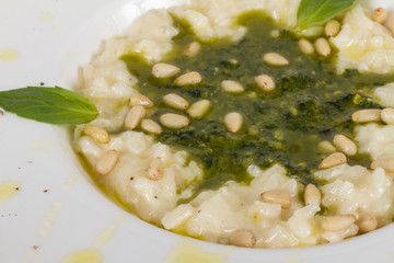 photo of delicious risotto dish with herbs and cedar nut on whit