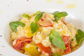 photo of delicious risotto dish with herbs and tomato on white b