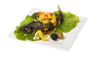 trout fish baked with shrimps and cauliflower