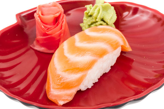 studio shoot of japanese sushi vaki with salmon on white backgro