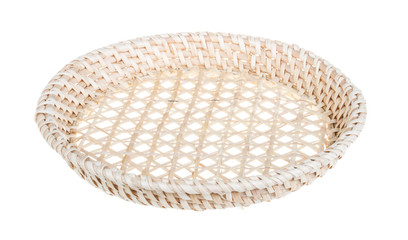 Wickerwork empty yellow breadbasket on white background