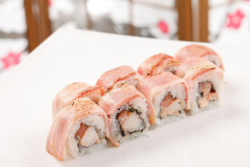 sushi with shrimp and bacon