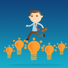 Businessman jump bulb light on blue background