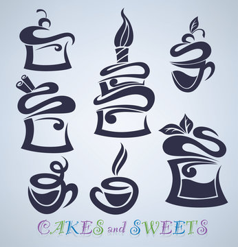 vector collection of cakes, sweets and drinks silhouettes