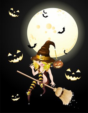 Strega Halloween Cartoon Sexy Witch on Moonlight-Vector