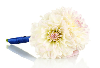 Bouquet of beautiful white dahlias tied with ribbon isolated