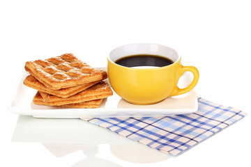 Cup of coffee and cookies isolated on white