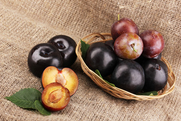 Rip plums on basket on sacking