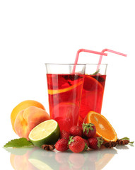 sangria in glasses with fruits, isolated on white