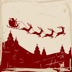 Christmas Sleigh 4 Flying Reindeers Red Retro Beige Background