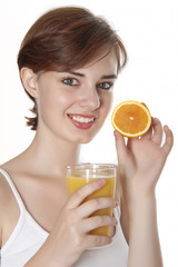 young woman and orange juice isolated