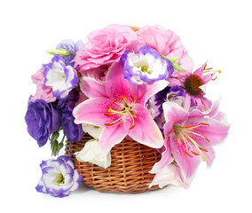 beautiful spring flowers in basket