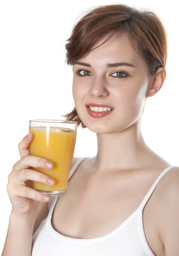 young woman with orange juice isolated on white