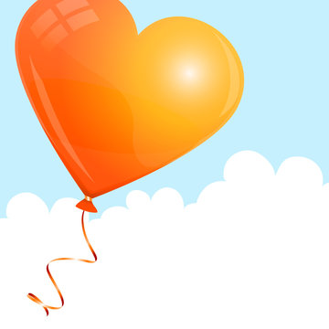 Flying Orange Heart Balloon Sky & Clouds