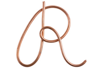 Copper metal wire in the form of letter R, modern US calligraphy