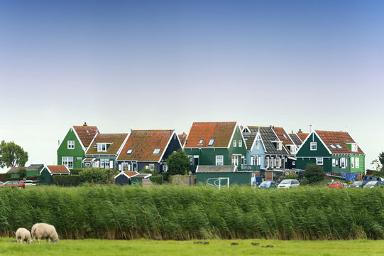 Colorful old houses in Marken, the Netherlands