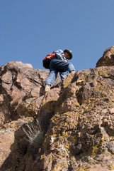 The tourist rises on a rock