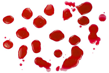 Salient blood (red paint) blots (splatters) isolated on white