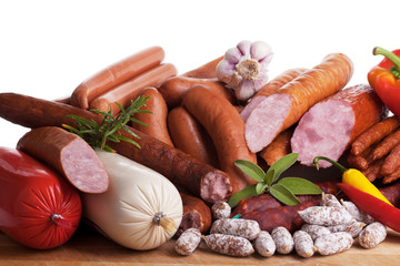 assortiment of sausages - obrazy, fototapety, plakaty