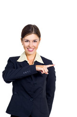 Business woman shows the direction to right.