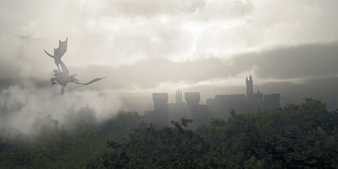 Dragon volant au-dessus d& 39 une forêt fantastique brumeuse