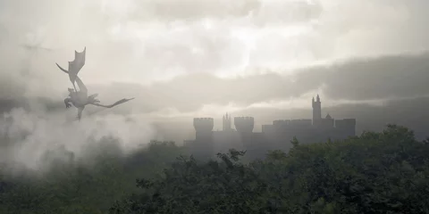 Fotobehang Draken Draak vliegt over een mistig fantasiebos