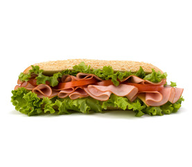 fast food baguette sandwich with lettuce, tomato, ham and chees