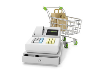 3d illustration: Sale and purchase. Cash mashines and shopping c