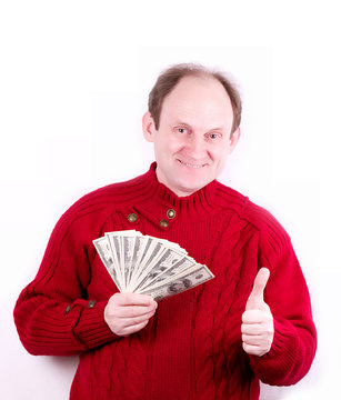 Elderly Man Holding Money On White Background