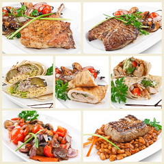 food collage , grilled chiken meat ,  beans with meat