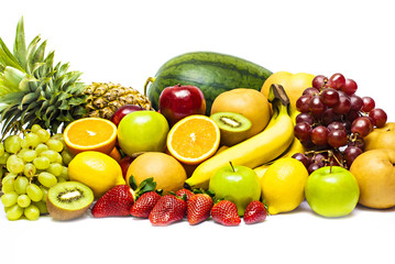 Fruits, banana, orange, lemon,  kiwi, strawberry, apple, grape