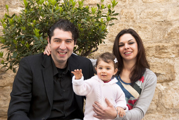 Family happy, child say hello