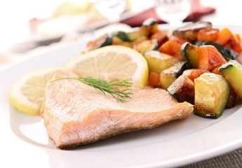 cooked salmon and vegetables
