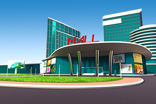 3d illustration of mall exterior model with road