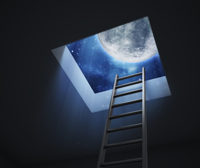 Ladder leading to a night sky moon