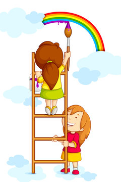 vector illustration of kids painting rainbow in clouds
