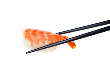 Sushi nigiri with chopsticks, isolated