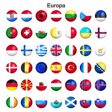 Europa Flaggen Set, gl&auml;nzend rund