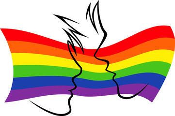 Gay flag with silhouetted couple