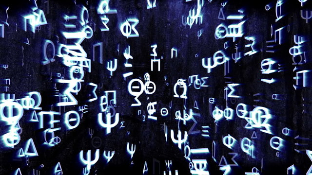 Greek characters flying in 3D space.Animation