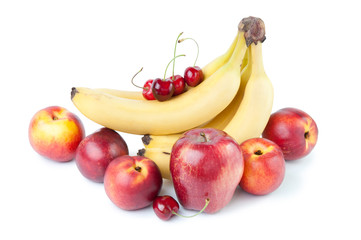 Variety of ripe fruits, white background, horizontal shot