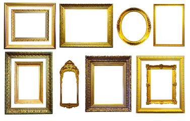 Set of gold picture frames. Isolated over white background