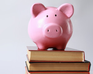 piggy box and book in isolated white background