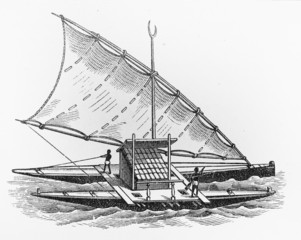 Vintage drawing of double boot from the Fiji Islands