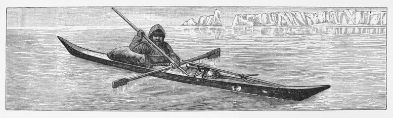 Vintage drawing of a  Eskimo kayak - late 1800's - obrazy, fototapety, plakaty